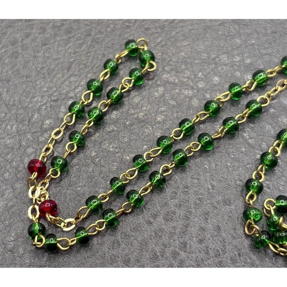 Catholic Rosary Dainty Green Red Glass Beads Cross Pendant Christmas Gold Tone